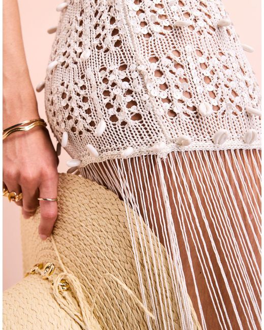 ASOS Pink Shell Embellished Crochet Beach Skirt With Fringing
