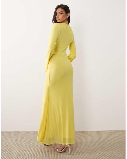 ASOS Yellow Mesh Deep Plunge Long Sleeve Maxi Dress With Twist Knot Detail