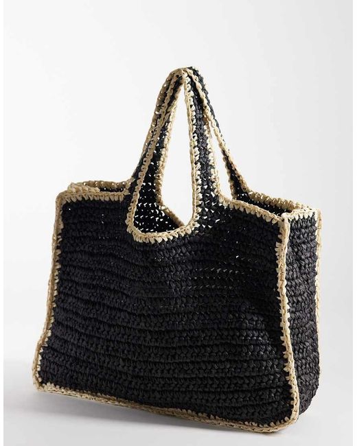 Pieces Black Woven Straw Beach Bag