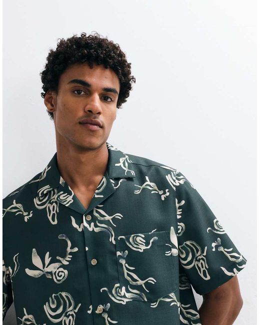 ASOS Green Linen Look Relaxed Camp Collar Shirt With Print for men