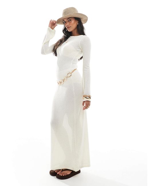 Brave Soul White – langärmliges, durchscheinendes strand-maxikleid aus strickstoff