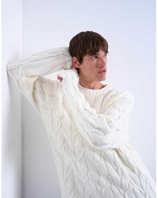 Topman Ruimvallende Gebreide Kabeltrui Van Zware Stof in het White voor heren