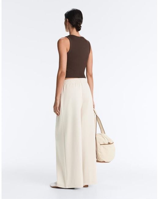 Oysho Natural Wide-leg Piqué Pleat Trousers With Cotton