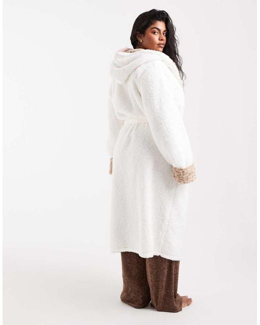 Loungeable White Curve Contrast Leopard Print Cosy Hooded Maxi Dressing Gown