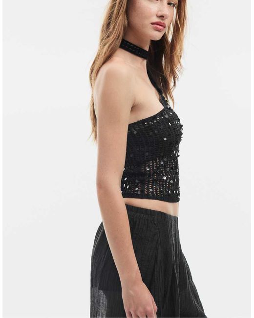 Stradivarius Black Sequin Scarf Top