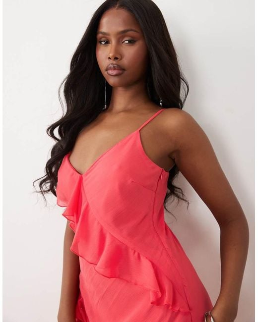 New Look Pink Asymmetric Chiffon Ruffle Midi Dress