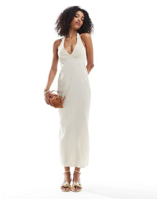 Bershka White Halterneck Linen Maxi Dress