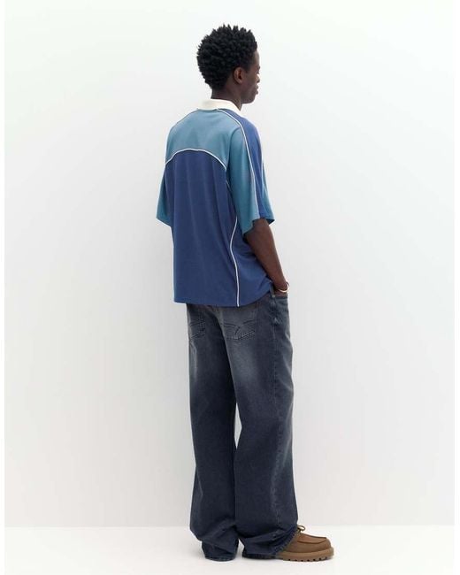 Pull&Bear Blue Stwd Graphic Football Polo for men