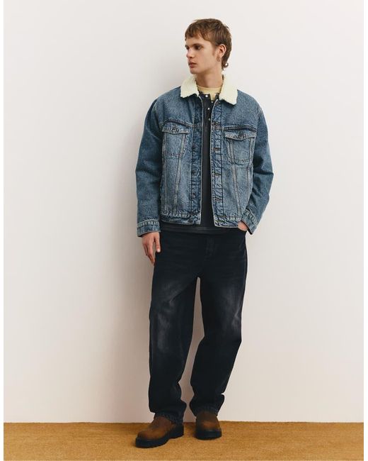 Pull&Bear Blue Denim Jacket With Faux Shearling Collar for men