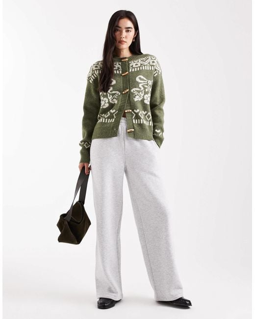 Daisy Street Green Boxy Cardigan With Floral Graphic And Toggles