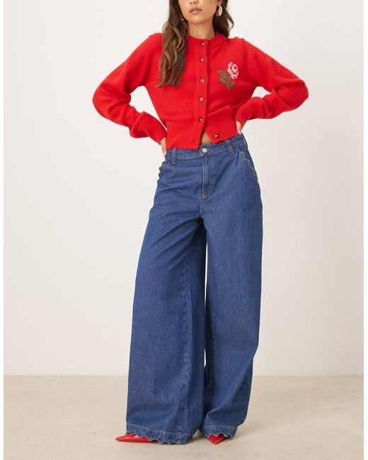 Vaqueros De Corte Palazzo De Pernera Ancha, Detalle En El Bajo Y Lavado Oscuro De -Azul ASOS de color Blue