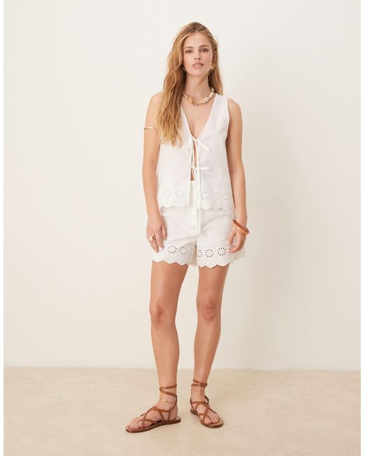 Vila White Cutwork Embroidered Poplin Tie Front Vest Co-ord