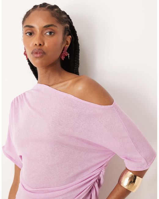 ASOS Pink Mix & Match Mesh Semi Sheer Ruched Off Shoulder Top
