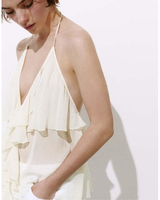 Pull&Bear White Halter Top With Ruffles