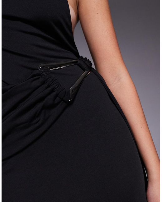 Aria Cove Blue Double Sculpted Slinky Open Back Metal Detail Ruched Drape Detail Maxi Dress