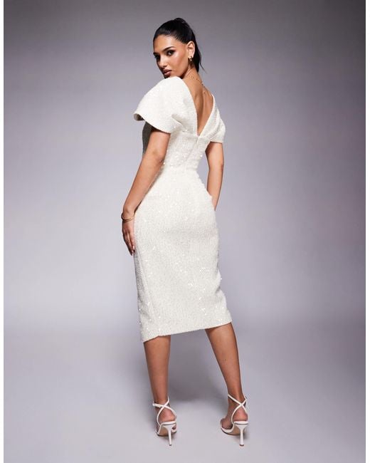 lavish alice sequin midi dress Lavish Alice Draped Bardot Sequin Boucle Midi Dress in Purple
