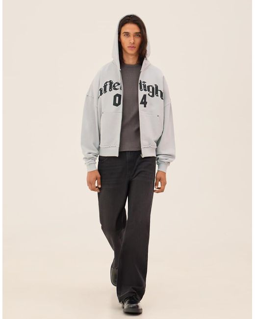 Bershka Gray Boxy Zip-Up Print Sweatshirt for men