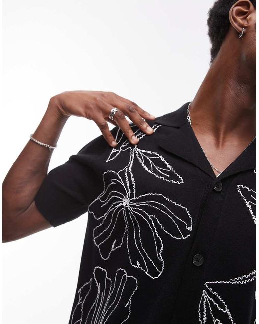 Topman Black Front Placement Embroidered Knitted Shirt for men