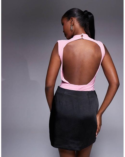 Missy Empire Black Double Sculpted Slinky High Neck Open Back Ruched Detail Body