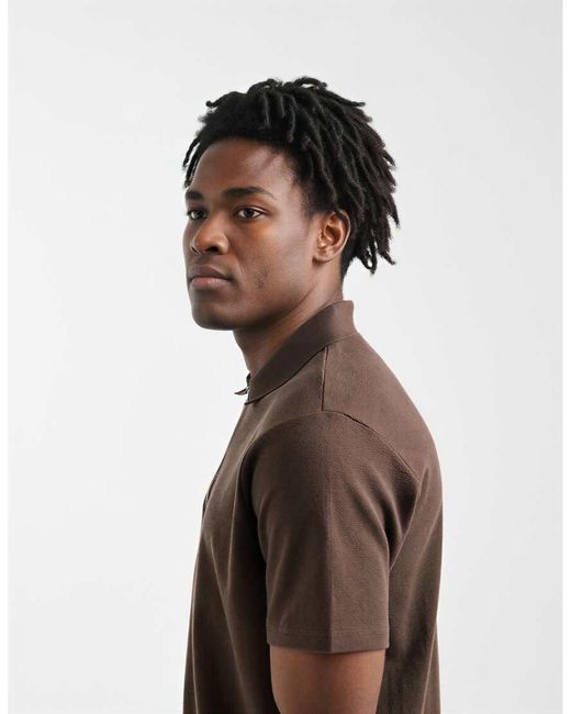 ASOS Brown Regular Fit Polo With Quarter Zip for men