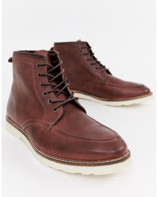 ASOS Wide Fit Lace Up Boots In Brown Leather With White Sole in Brown ...