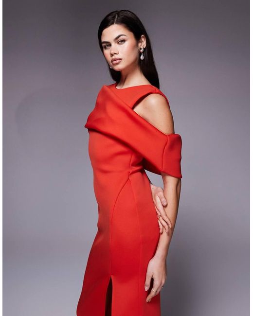 ASOS Red Drape Cut Out Shoulder Pencil Midi Dress
