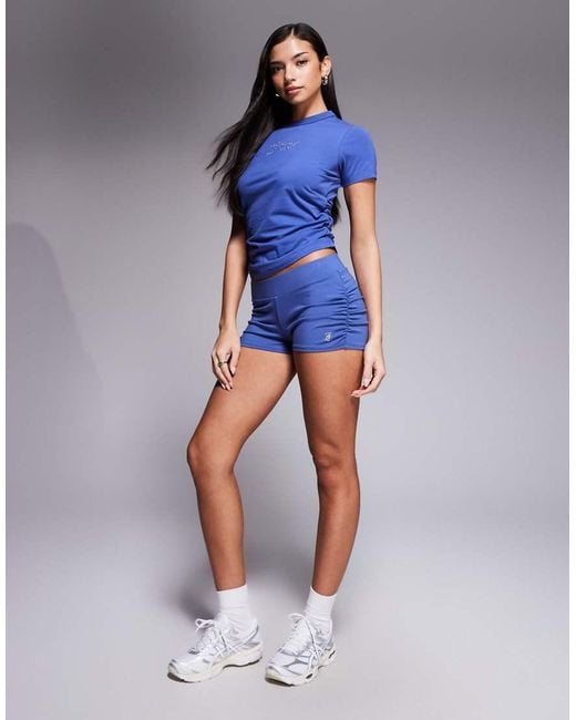 Juicy Couture Blue Co-Ord Diamante Logo Bootie Micro Shorts