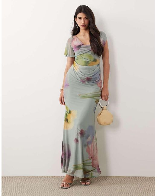 ASOS Blue Draped Mesh Asymmetric Sleeve Maxi Dress