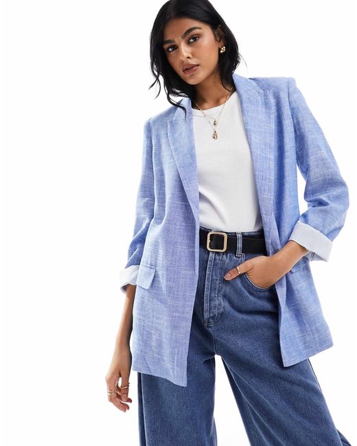 Stradivarius Blue Linen Mix Blazer