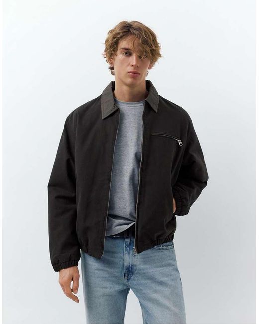 Pull&Bear Black Jacket With Contrast Collar for men