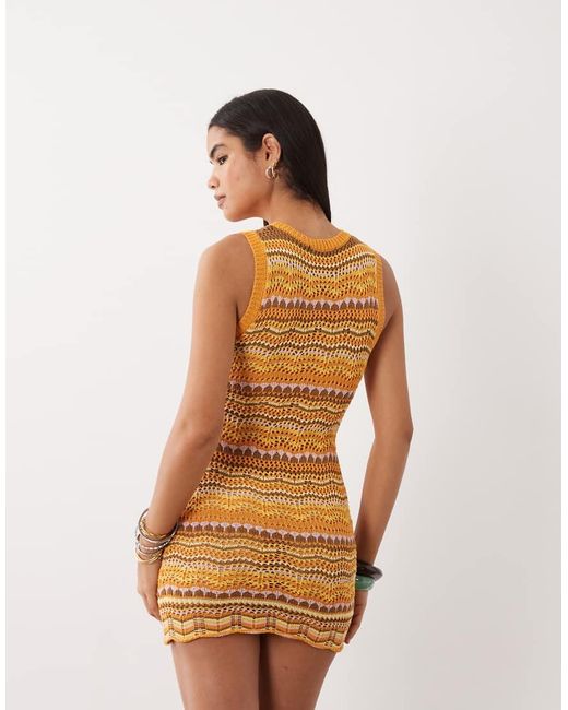 Kiwi & Co Orange Walking On Sunshine Crochet High Neck Sleeveless Mini Beach Dress