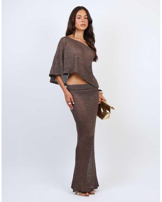 SIMMI Brown Sheer Drape Sequin Knit Co-Ord Top