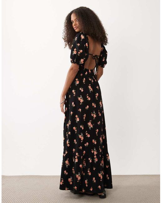 Miss Selfridge Black Seersucker Puff Sleeve Milkmaid Maxi Dress