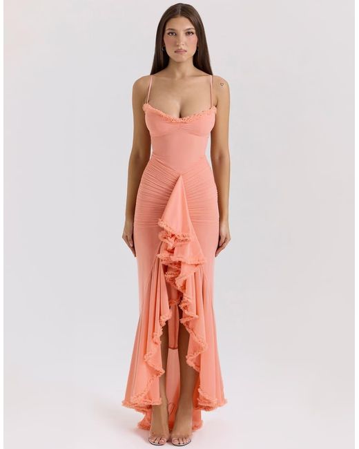 House Of Cb White Gabbi Ruffled Front Gown
