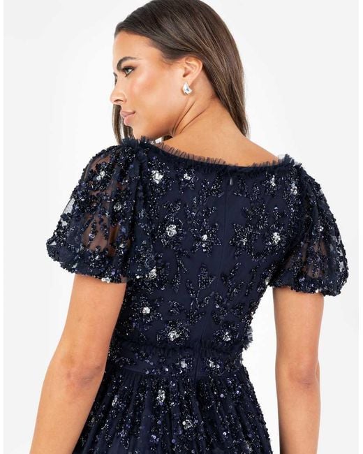 Maya Blue Floral Embellished Sweetheart Neck Maxi Dress