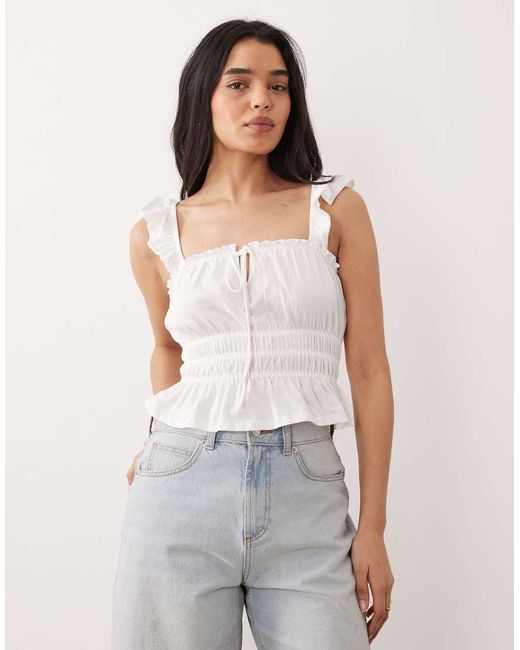 Miss Selfridge White Shirred Top With Ruffle Sleeve