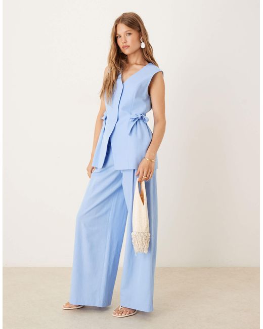 ASOS Blue Linen Blend Tie Side Waist Coat Co Ord