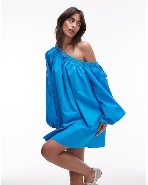 TOPSHOP Blue Off Shoulder Trapeze Poplin Mini Dress