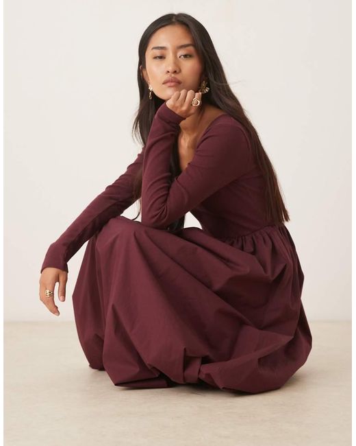 Nobody's Child Red Ribbed Scoop Neck Poplin Skirt Midaxi Dress