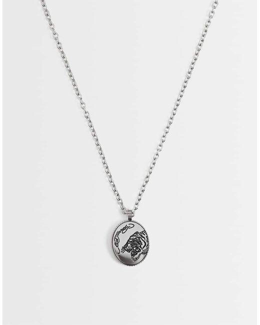 Ed Hardy White Tiger Oval Pendant Necklace