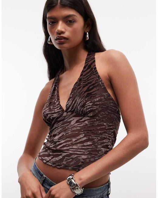 Reclaimed Vintage Black Flocked Mesh Cami Halter Top