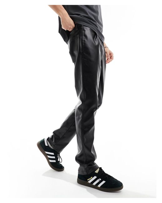 ASOS Black Double Pleat Leather Look Trouser for men