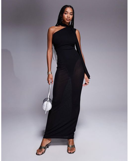 Kaiia Blue Exclusive One Shoulder Mesh Scarf Detail Sheer Maxi Dress