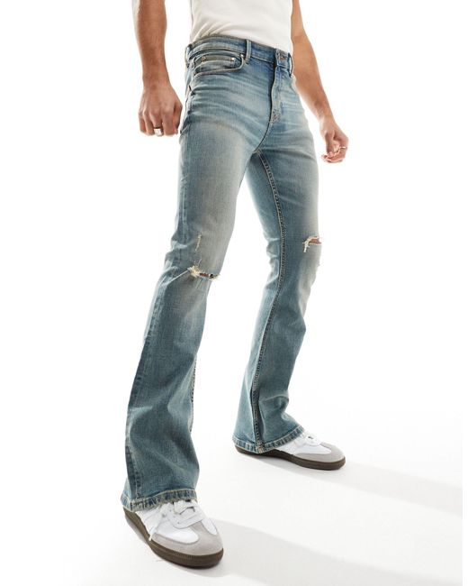ASOS Blue Flared Jeans With Knee Rips for men