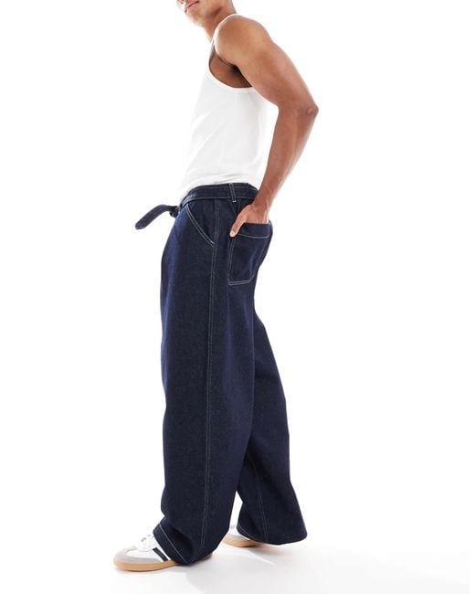 ASOS Blue Wide Leg Jean With Self Tie & Pleat for men