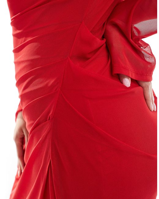 ASOS Red Asos Design Curve Mesh Long Sleeve Ruched Midi Dress