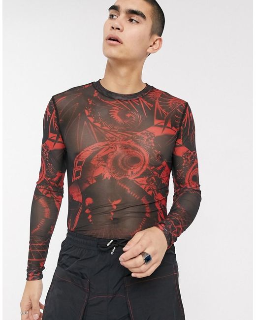 Jaded London Jaded Red And Black Space Game Long Sleeve Mesh Top for men