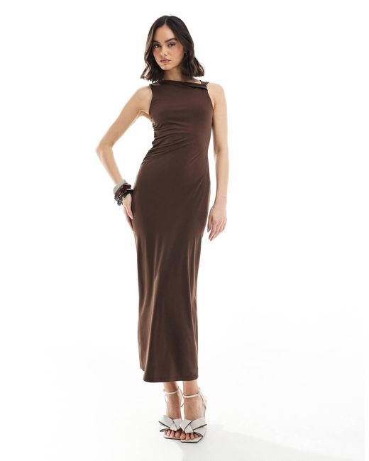 Pull&Bear Brown Knot Shoulder Detail Maxi Dress