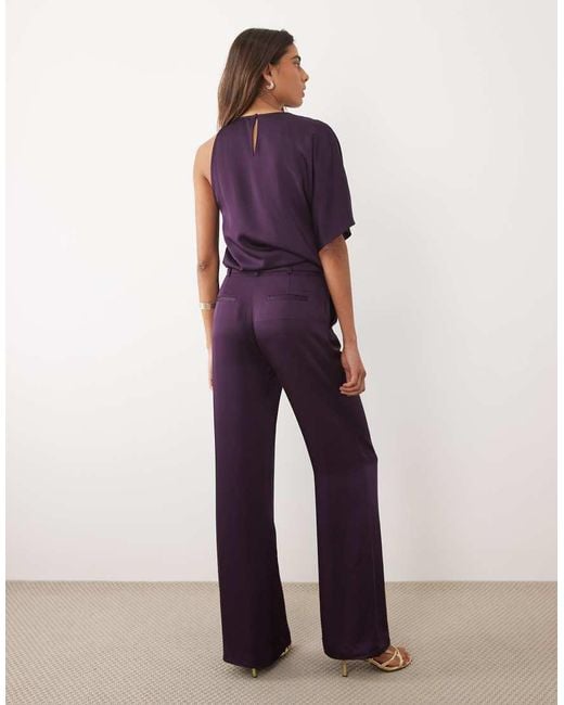Mango Purple Yazmin Round Neck Half Sleeve Asymmetric Lace Detailed Satin Top