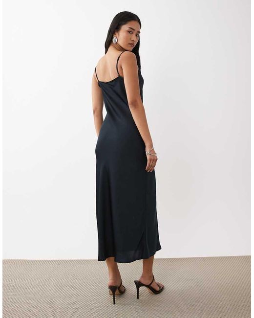 Mango Blue Satin Cami Maxi Dress With Lace Trim